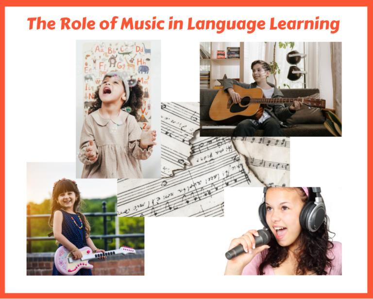 Children singing and playing musical instruments. Learning Spanish for kids.