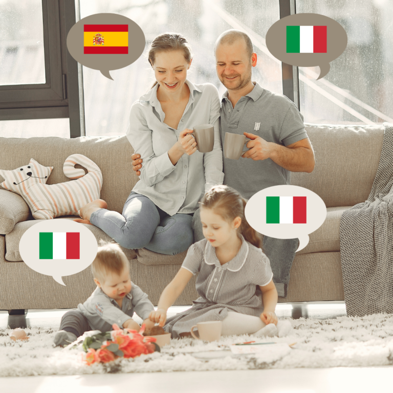 Mother and father in a living room with two children playing on the floor. Family is speaking in multiple languages. Mother is speaking Spanish for kids.