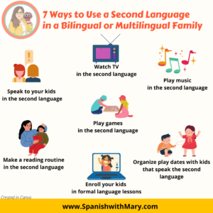 Seven ways to use a second language in a bilingual or multilingual family. Various pictures show the tips.