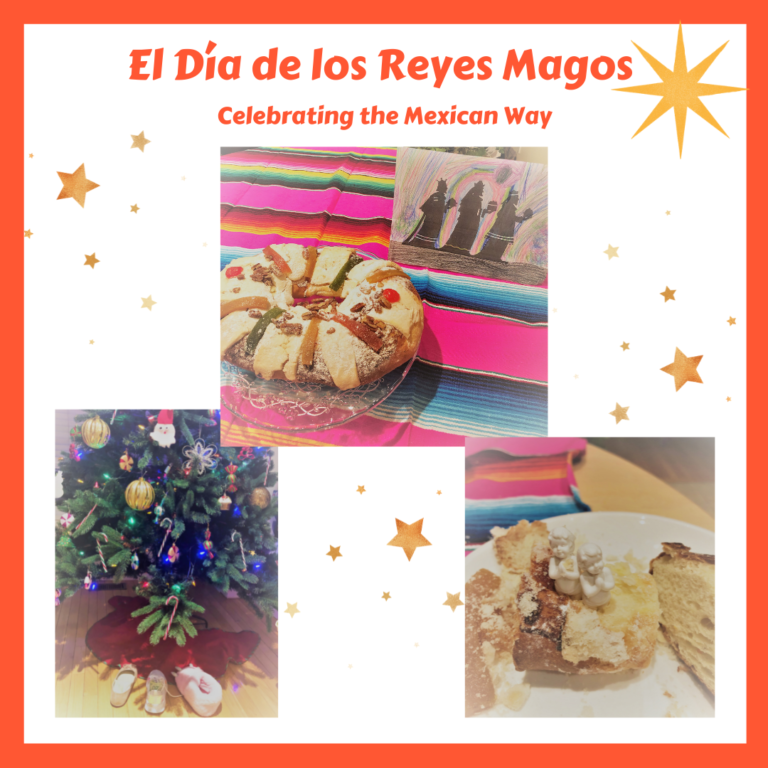 Rosca de Reyes on a Mexican blanket and showing the figurines inside. Also a Christmas tree with shoes underneath